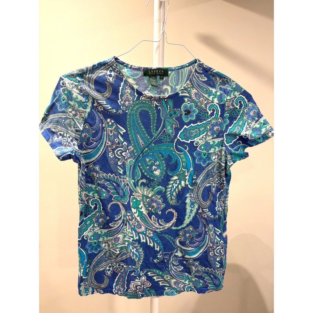 Lauren Ralph Lauren Paisley Tee Small Blue Teal Y2K Preppy Boho Vintage Shirt